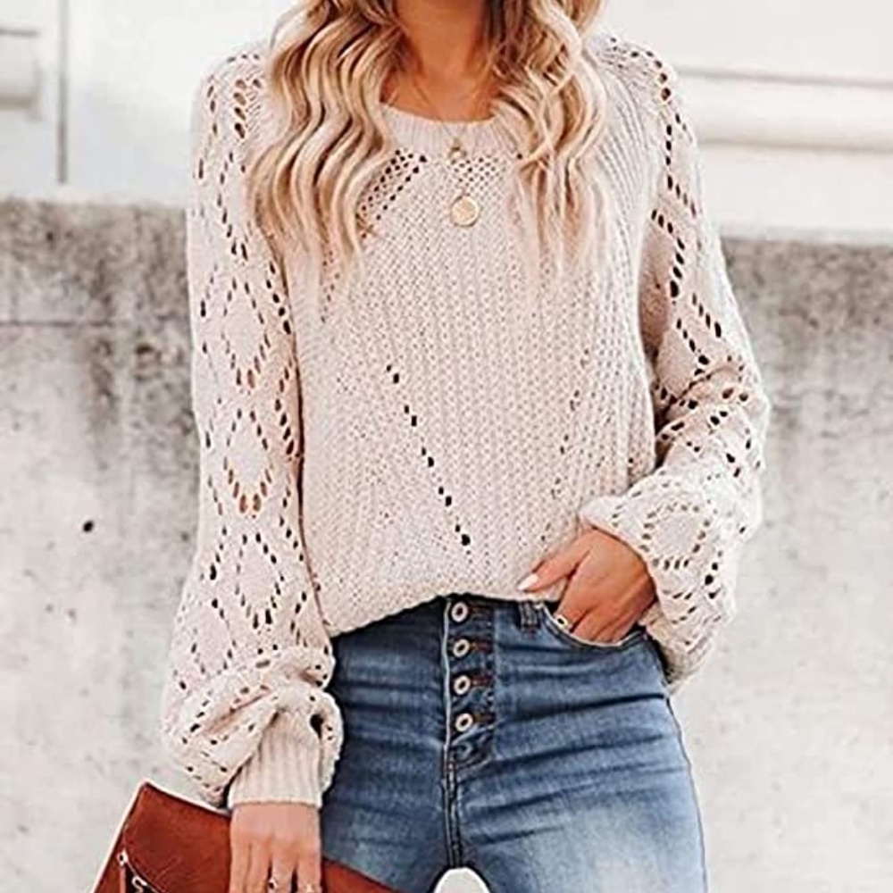 Womens Beige Crew Neck Crochet Detail Sleeves sz small - Picture 3 of 6